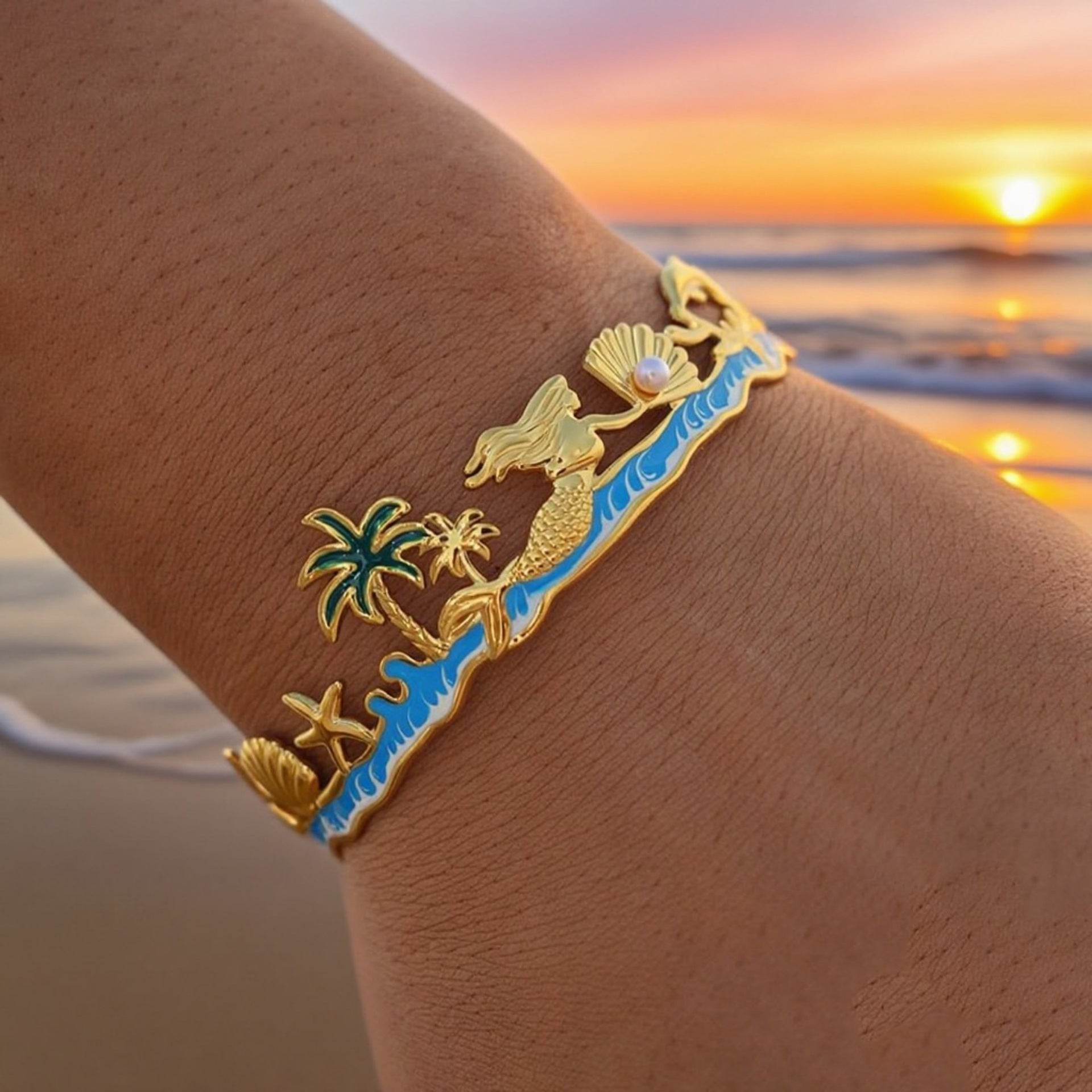 European And American Ocean Style Starfish Coconut Mermaid Stainless Steel Bracelet Non-fading Open Ring