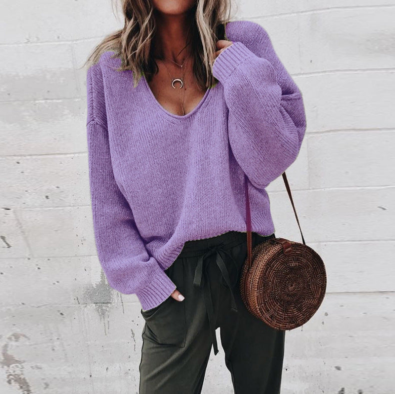 V-Neck Long Sleeve Sweater Casual Fashion Women's T-Shirt