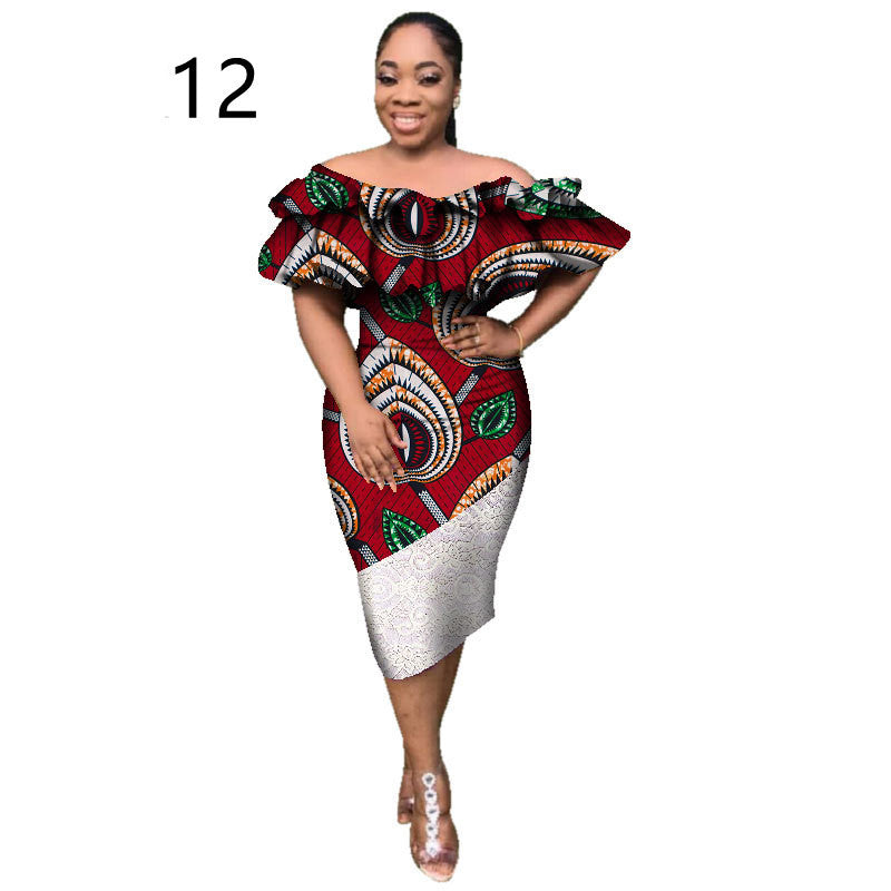 African Batik One-shoulder Mid-length Lace Stitching Skirt