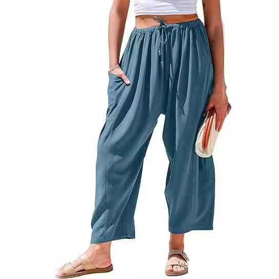High Waist Wide Leg Loose Harem Cotton And Linen Trousers