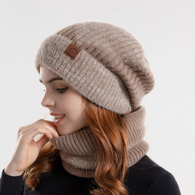 2pcs Knitted Hat Suit With Scarf Winter Two-color Hat And Thick Warm Earflaps Wool Scarf