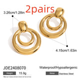 18K Gold Stainless Steel Golden, Round Double Layer Hollow Stud Earrings