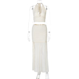 V-neck Vest Mesh Patchwork Slit Skirt Casual Two-piece Suit