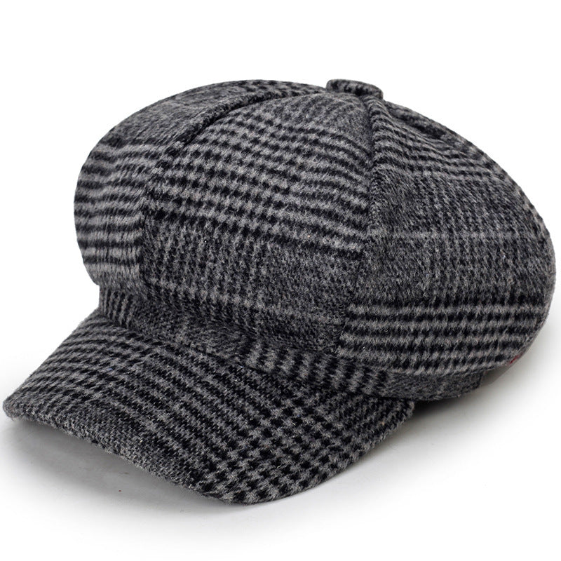 Ladies Casual Fashion Woolen Plaid Newsboy Hat