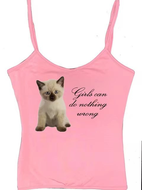 Cute Cat Letter Print Vest Sling Girl Slim Fit