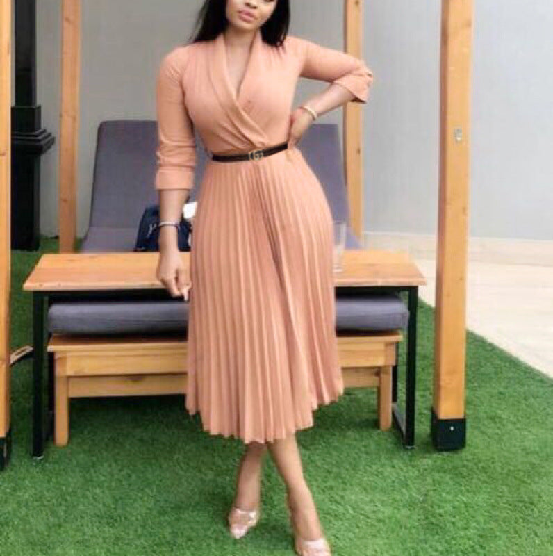 African women's V-neck pleated skirt dress with belt