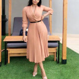 African women's V-neck pleated skirt dress with belt