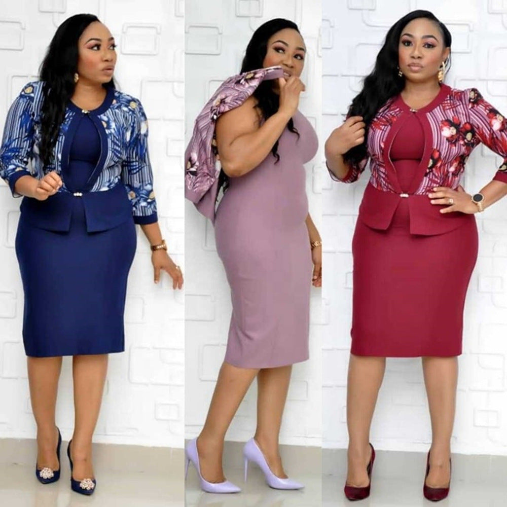 African Plus Size Women's Clothing Two-piece Mother's Wear Jacket Printed Dress Suit