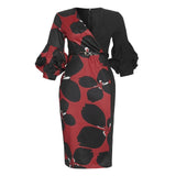 African Woman's Print Stitching V-Neck Lantern Sleeve Dress