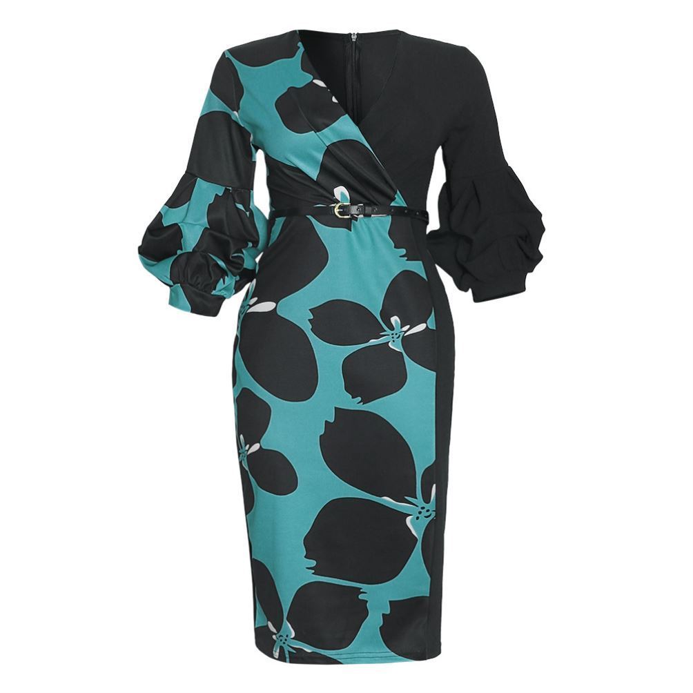 African Woman's Print Stitching V-Neck Lantern Sleeve Dress