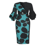 African Woman's Print Stitching V-Neck Lantern Sleeve Dress