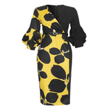 African Woman's Print Stitching V-Neck Lantern Sleeve Dress