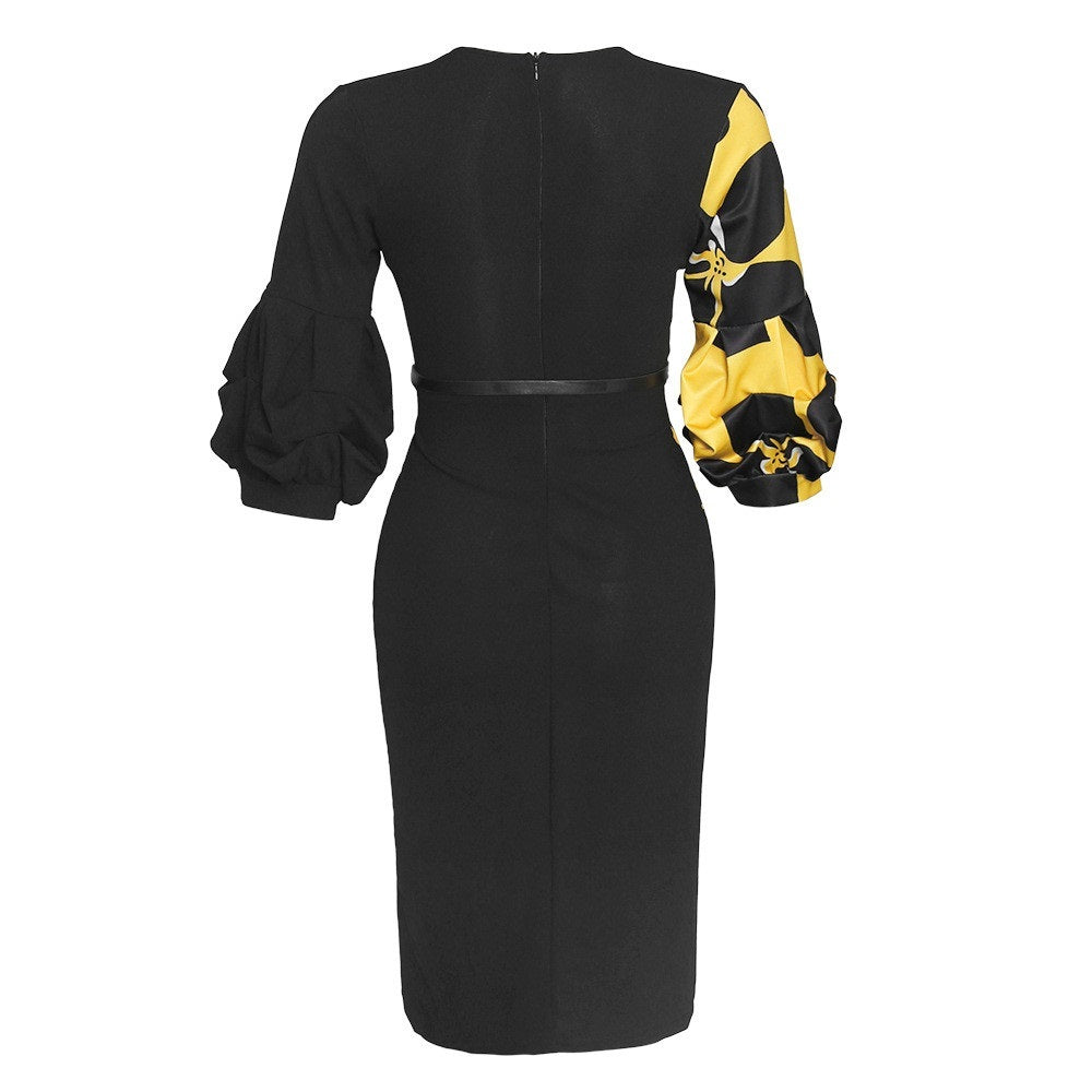 African Woman's Print Stitching V-Neck Lantern Sleeve Dress