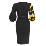 African Woman's Print Stitching V-Neck Lantern Sleeve Dress
