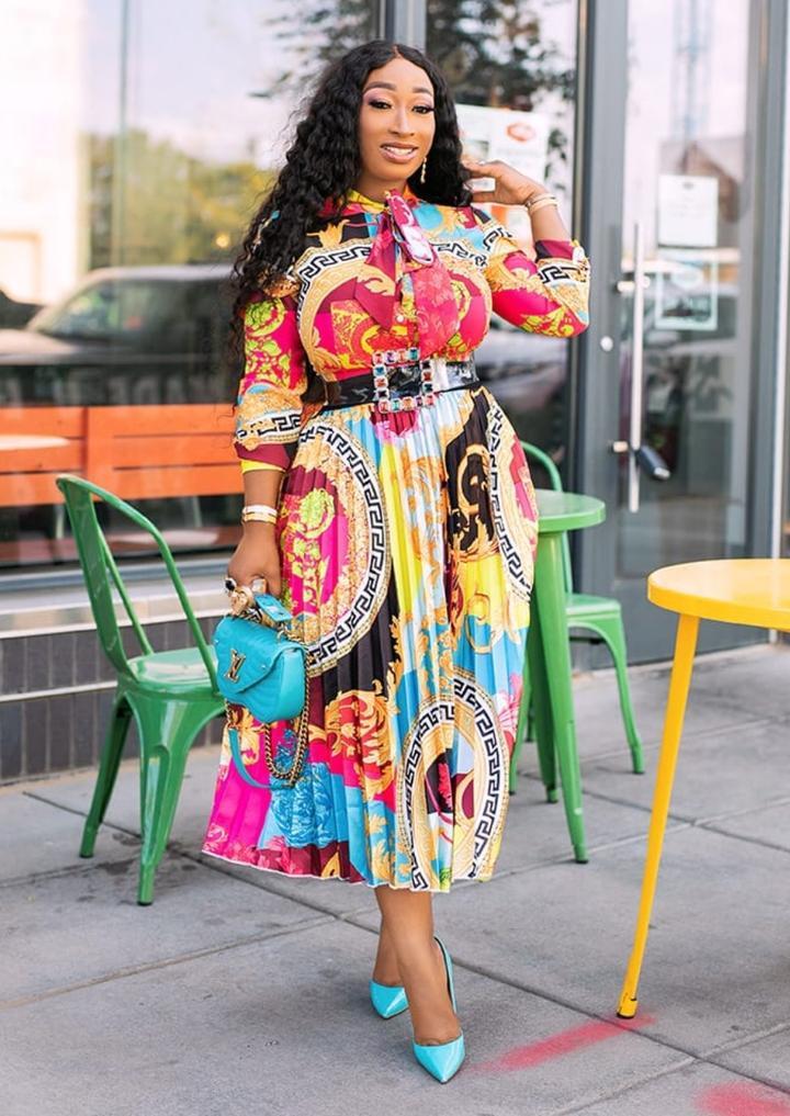African Style Printed Bow Tie Collar, Three-Quarter Sleeves Mid-Length Dress