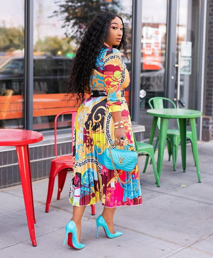 African Style Printed Bow Tie Collar, Three-Quarter Sleeves Mid-Length Dress