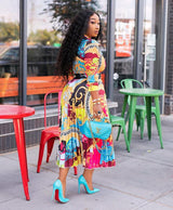 African Style Printed Bow Tie Collar, Three-Quarter Sleeves Mid-Length Dress