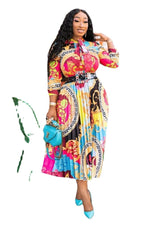 African Style Printed Bow Tie Collar, Three-Quarter Sleeves Mid-Length Dress