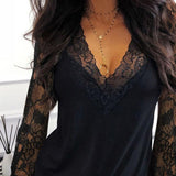 Lace Stitching V-Neck See-Through Long-Sleeved T-Shirt