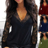 Lace Stitching V-Neck See-Through Long-Sleeved T-Shirt
