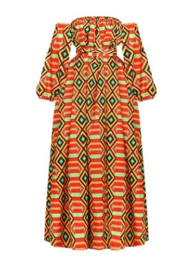 African Style Digital Printing Women's Summer Long Sleeve One Neck Split Dress