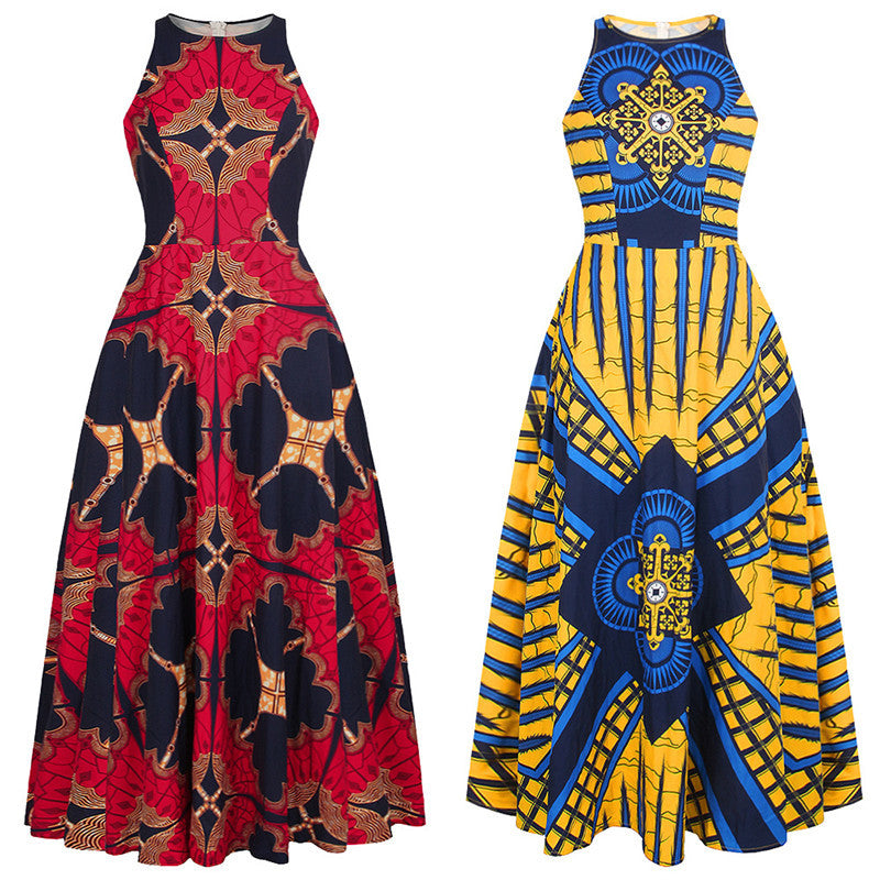 Printed Women's Round Neck Sleeveless Dress With African Style