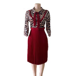 OL commuter African plus size mother dress leopard print stitching tie pleated dress