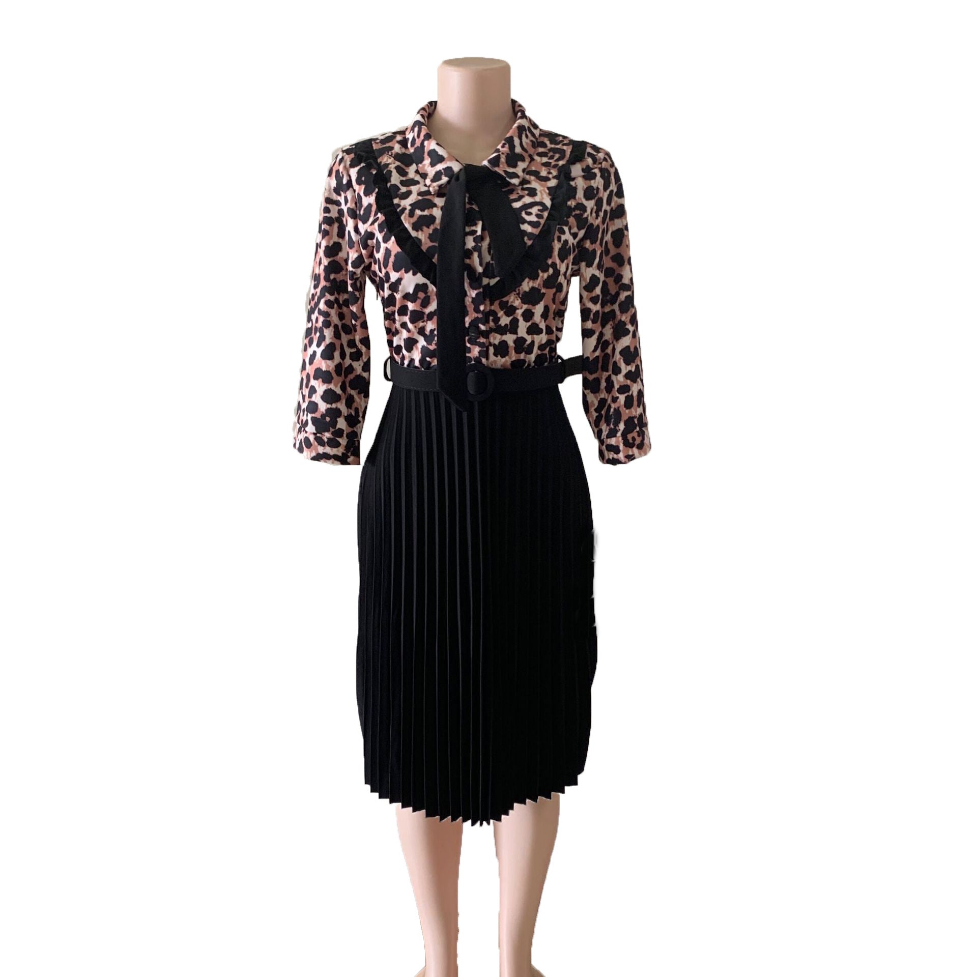 OL commuter African plus size mother dress leopard print stitching tie pleated dress