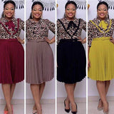 OL commuter African plus size mother dress leopard print stitching tie pleated dress