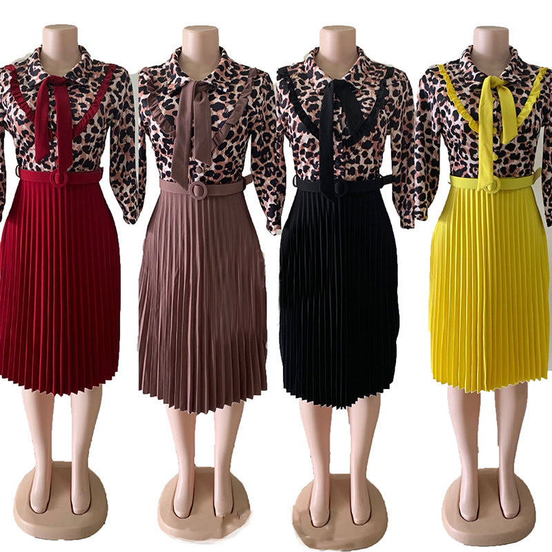 OL commuter African plus size mother dress leopard print stitching tie pleated dress