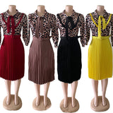 OL commuter African plus size mother dress leopard print stitching tie pleated dress
