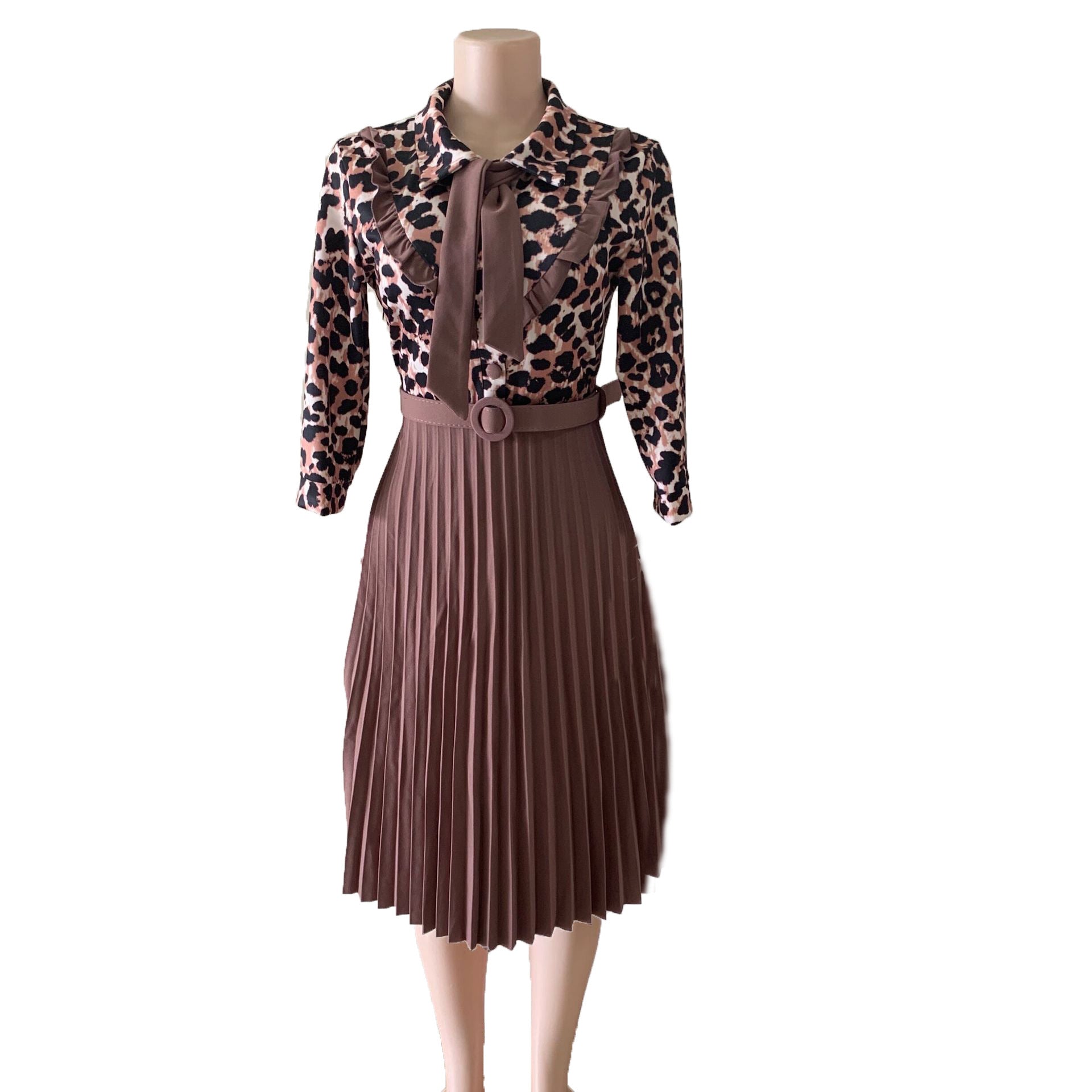 OL commuter African plus size mother dress leopard print stitching tie pleated dress