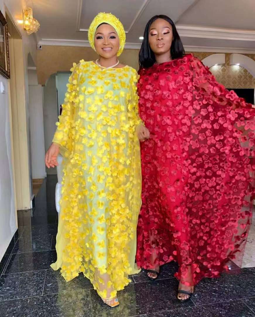 African Women's Dress Three-dimensional Embroidered Flower Net Yarn Crew Neck