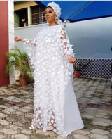 African Women's Dress Three-dimensional Embroidered Flower Net Yarn Crew Neck