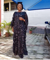 African Women's Dress Three-dimensional Embroidered Flower Net Yarn Crew Neck