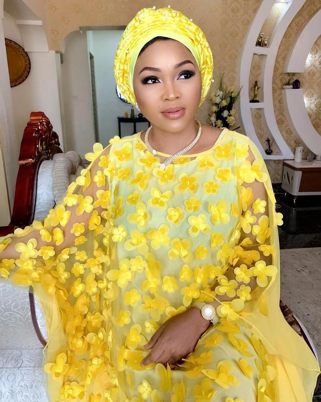 African Women's Dress Three-dimensional Embroidered Flower Net Yarn Crew Neck