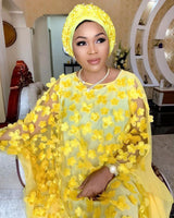 African Women's Dress Three-dimensional Embroidered Flower Net Yarn Crew Neck
