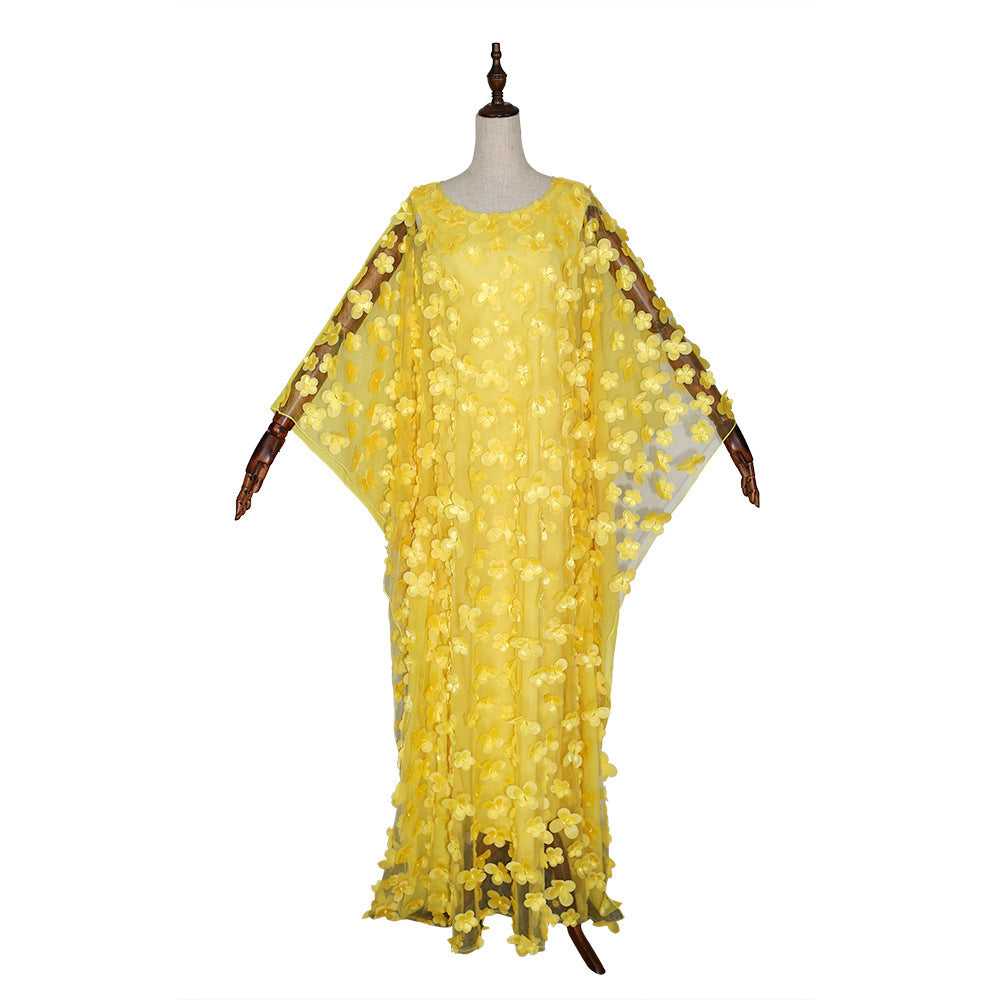 African Women's Dress Three-dimensional Embroidered Flower Net Yarn Crew Neck