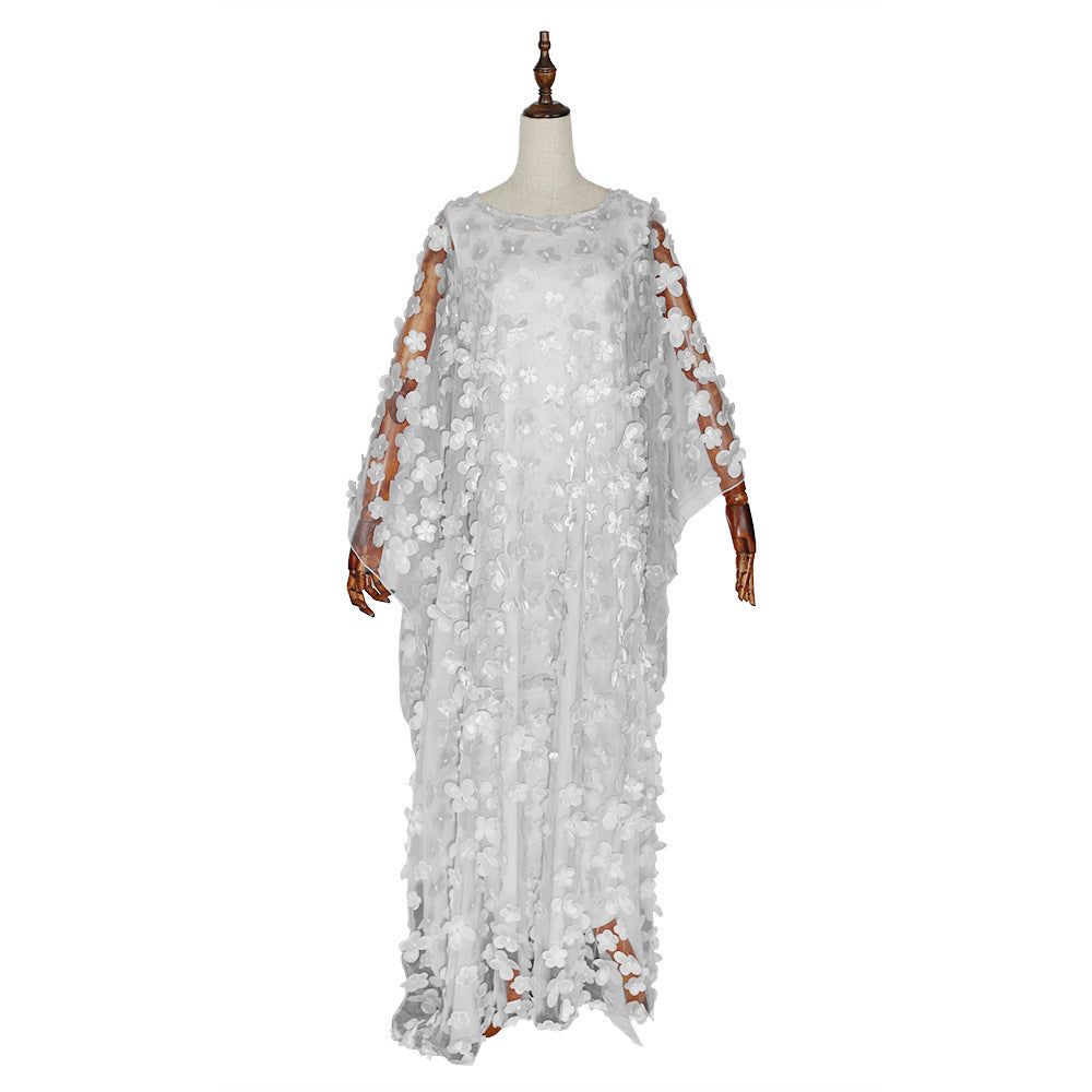 African Women's Dress Three-dimensional Embroidered Flower Net Yarn Crew Neck