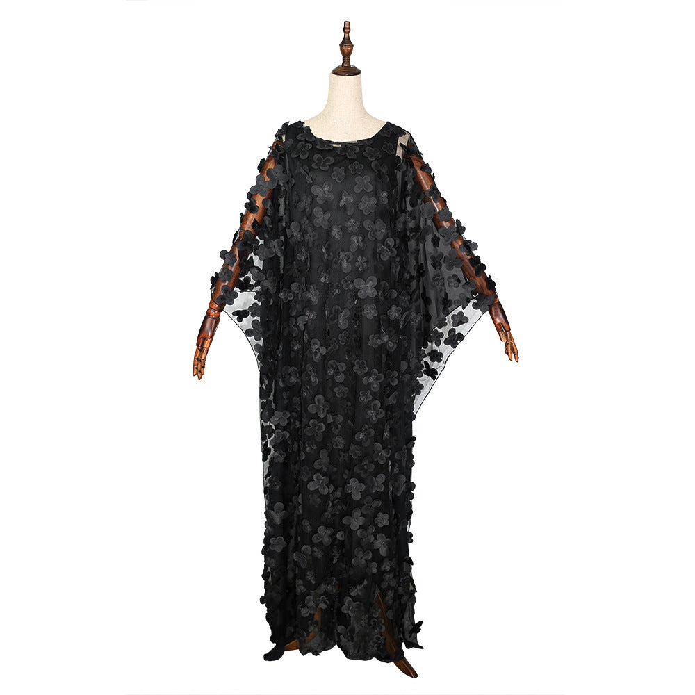African Women's Dress Three-dimensional Embroidered Flower Net Yarn Crew Neck