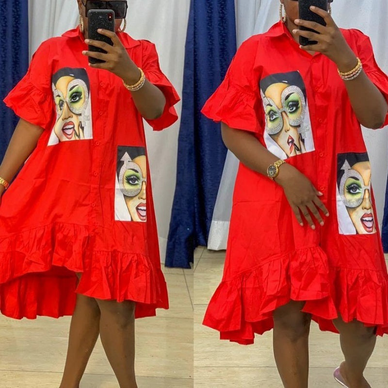 African Women's Sticker Ruffled Loose Shirt Dress