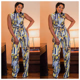 African Women's Jumpsuit Digital Printed High Stretch Sleeveless Wide Leg High Waist Jumpsuit Belt