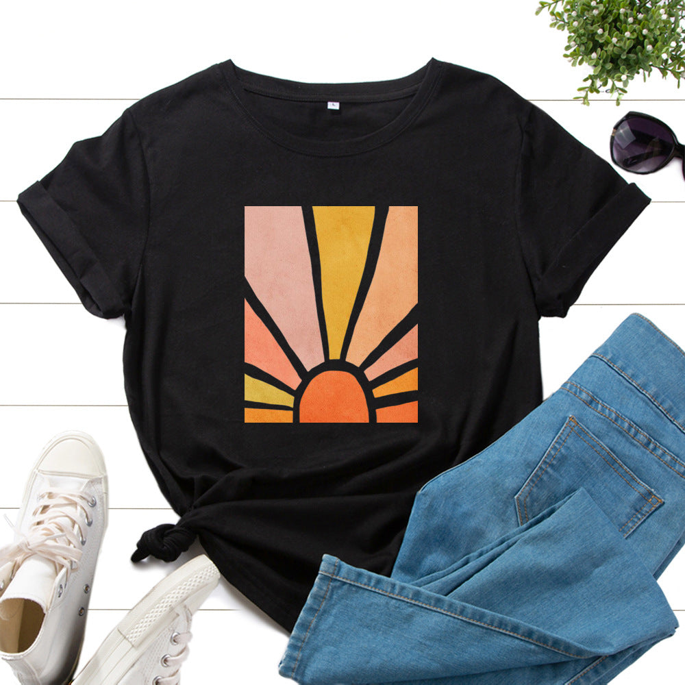 Graphic Tee for Women Cotton Print T Shirts Short Sleeve Crew Neck Summer Tops Female Clothes Splendid Sun Scenery Flower Top