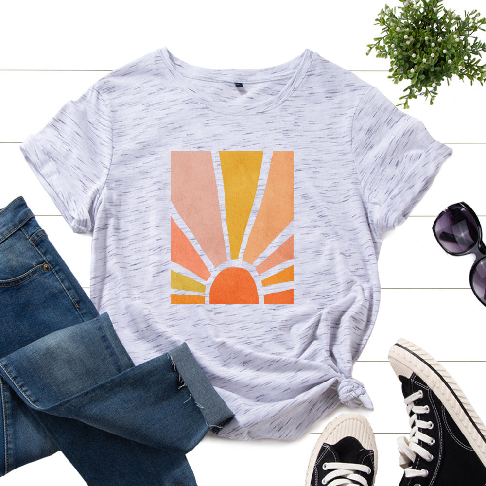 Graphic Tee for Women Cotton Print T Shirts Short Sleeve Crew Neck Summer Tops Female Clothes Splendid Sun Scenery Flower Top