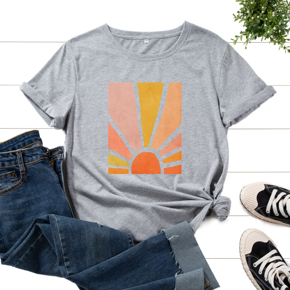 Graphic Tee for Women Cotton Print T Shirts Short Sleeve Crew Neck Summer Tops Female Clothes Splendid Sun Scenery Flower Top