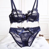 European And American Sexy Underwear Without Chest Pad, Ultra-Thin Lace Gathered Mesh Bra Set, Adjustable Large Size Underwear Panties