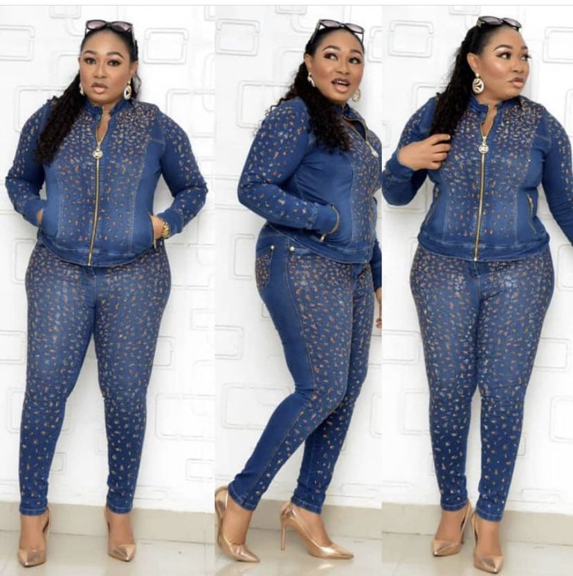 Jenny Garment Factory straight denim suit jacket with chest slimming pencil pants 3 piece set African and European best-selling fashion