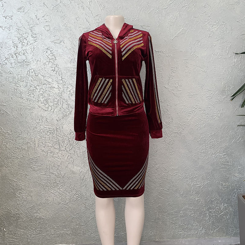 African Women'S Fashion Gold Velvet Hooded Long-Sleeved Jacket Half Skirt Suit Hot Drilling European And American Popular Casual Suit