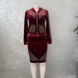 African Women'S Fashion Gold Velvet Hooded Long-Sleeved Jacket Half Skirt Suit Hot Drilling European And American Popular Casual Suit
