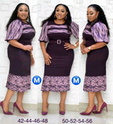 Cross-border African fashion women's wear mom printed stitching belt lady embossed hem dress